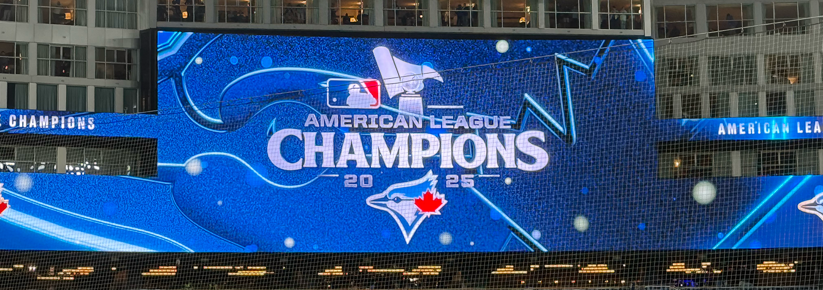 jumbotron showing jays are the 2025 AL champions