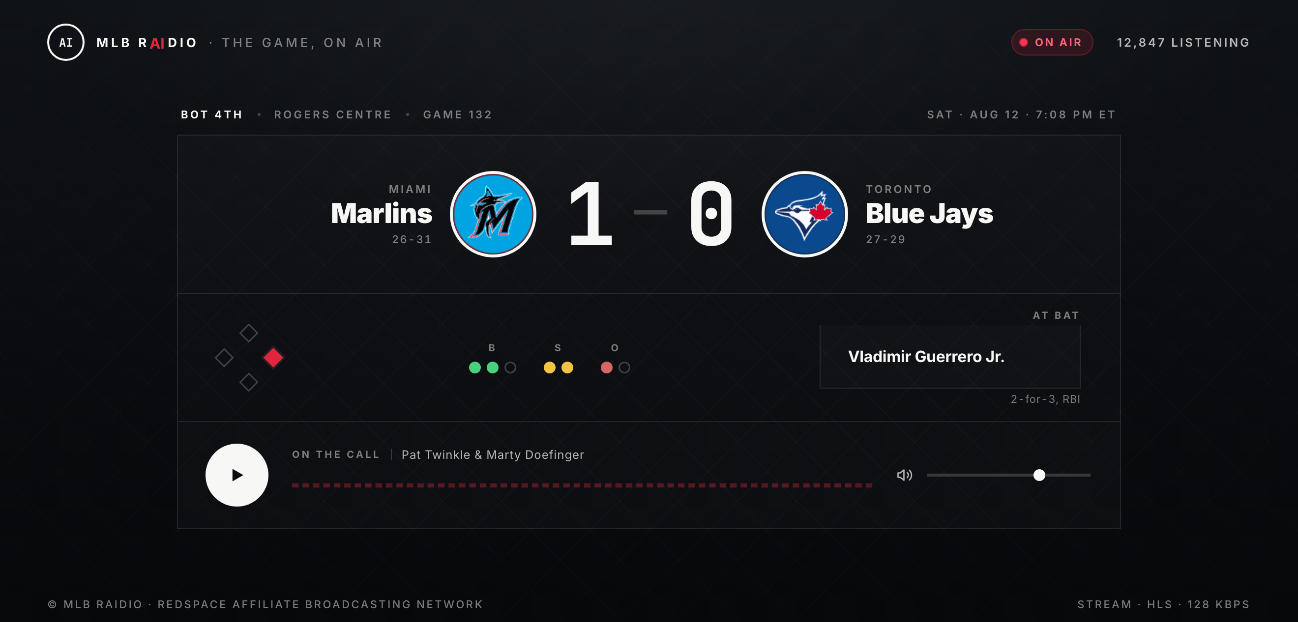 The 2026 player interface — live audio stream with scoreboard, ball/strike/out count, and base diamond